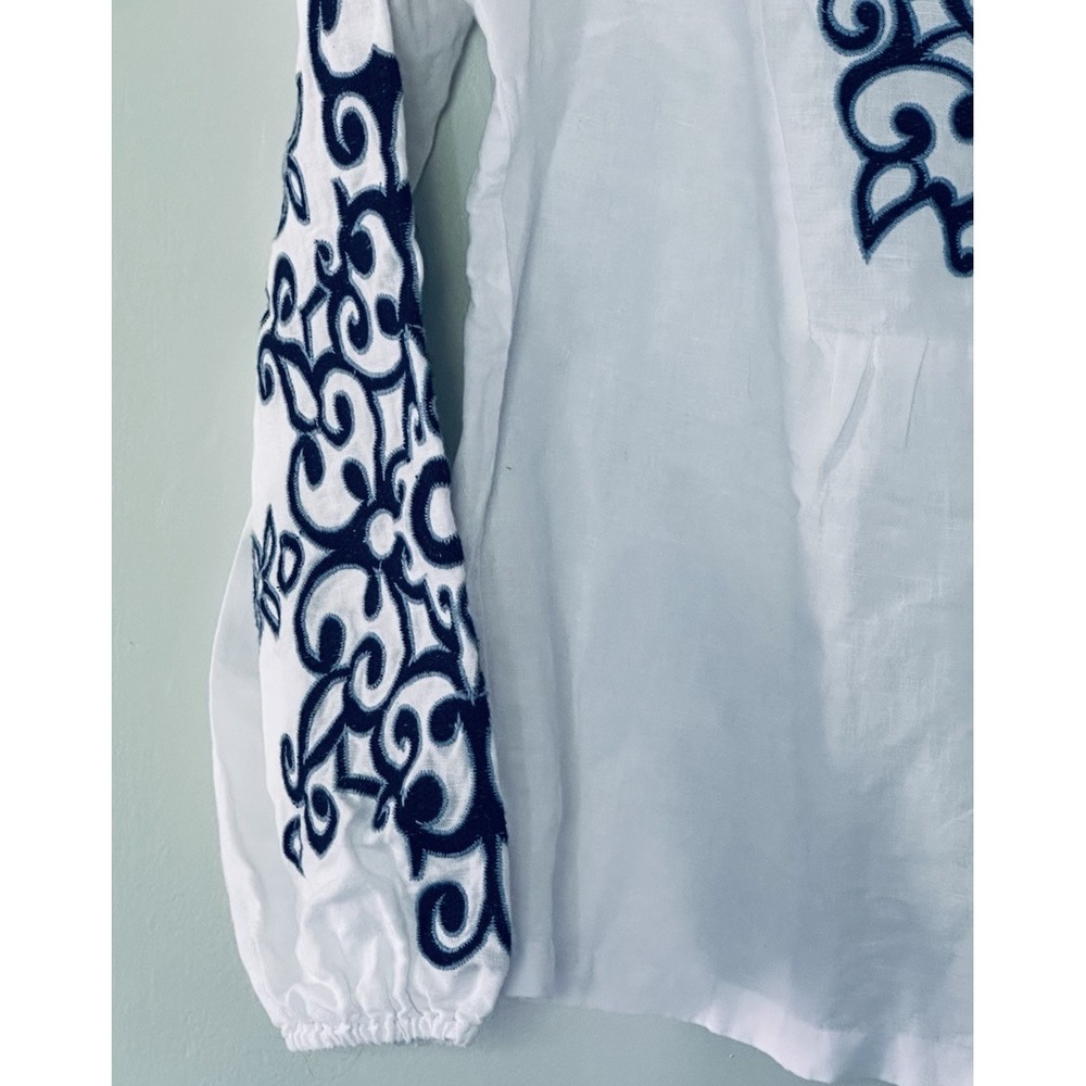 Lascana Women's 8 Top White Navy Blue Embroidered Long Sleeves V-neck Blouse - Picture 3 of 9